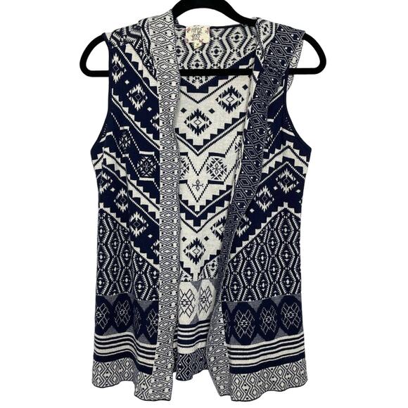 Hippie Rose Cardigan Vest Aztec Pattern Sleeveless Hood Navy White XS Southwest - Picture 1 of 10